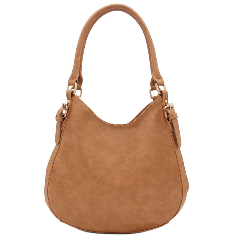 FashionPuzzle Light-weight 3 Compartment Faux Leather Medium Hobo Bag (Tan) - Image 1